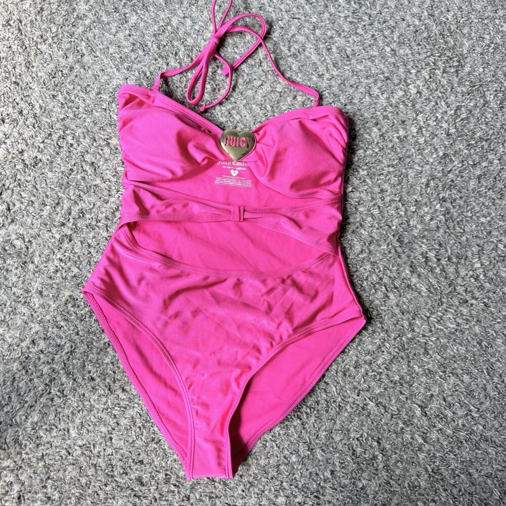 Juicy Couture Halter Swimsuit One Piece Pink Size M Heart Cut Out NEW